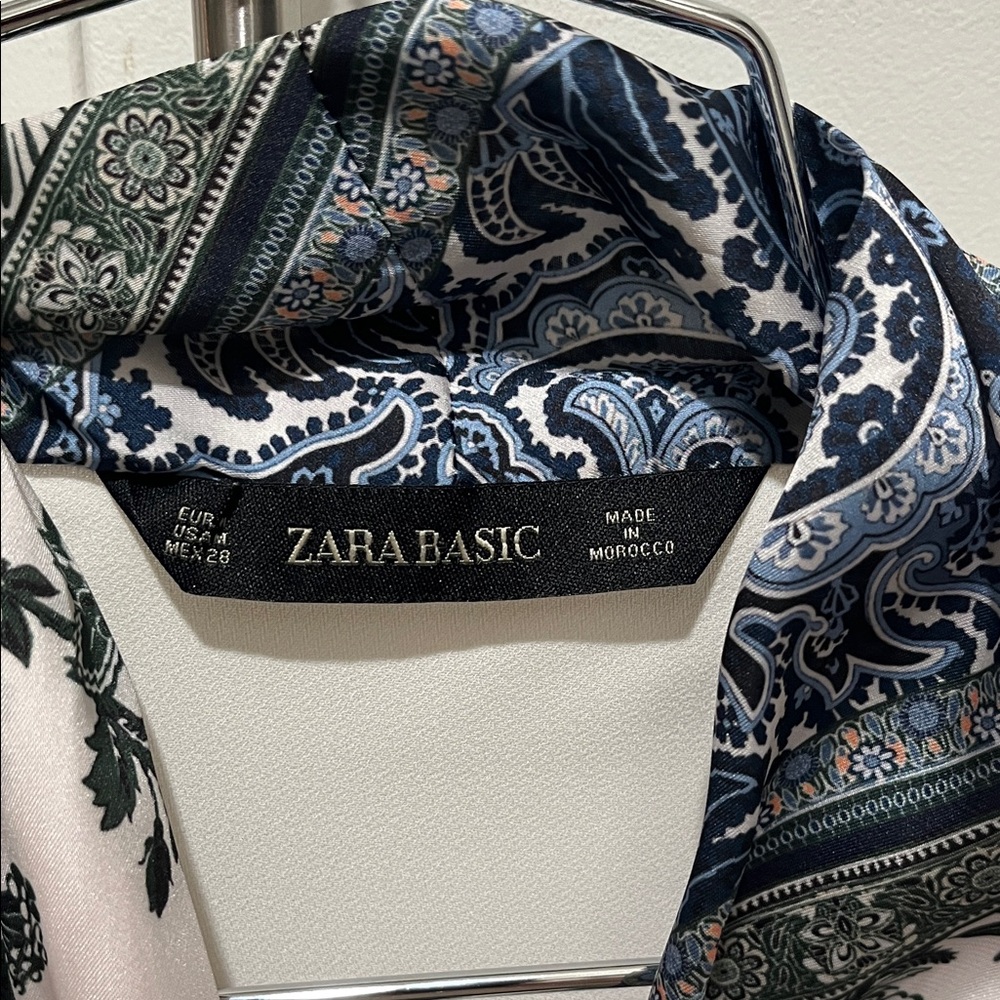 Zara Basic Cream Top With Blue Patterned Scarf - image 3